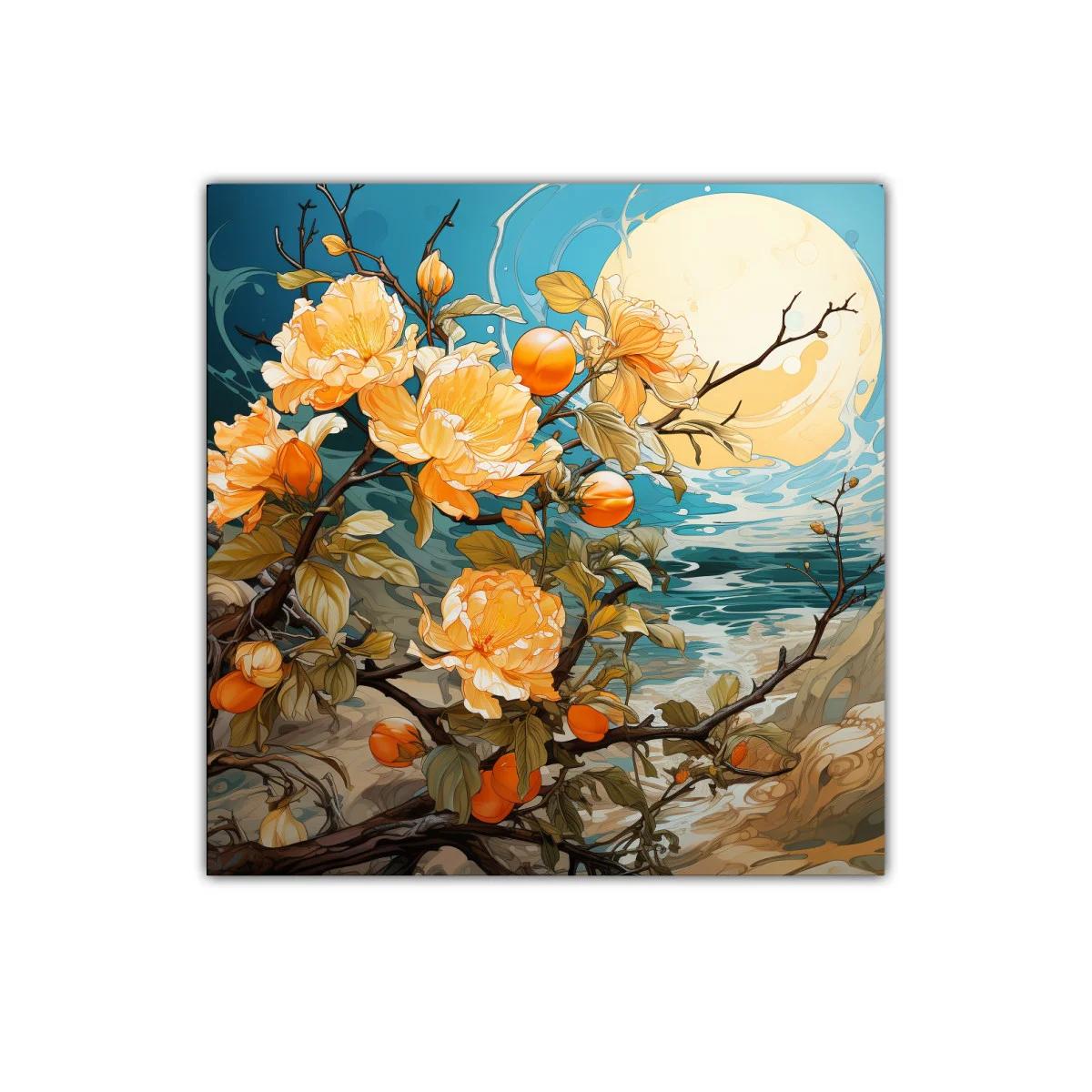 Flores naranjas bajo luna llena junto al mar