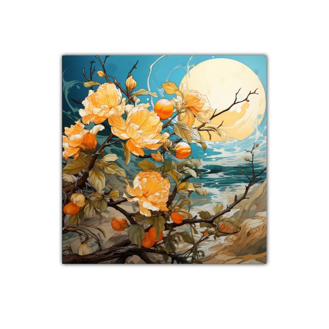 Flores naranjas bajo luna llena junto al mar