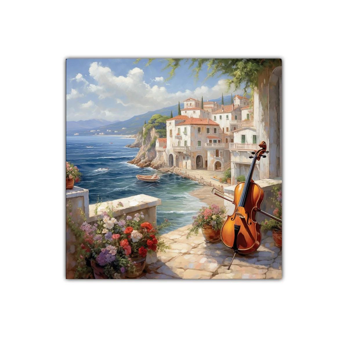 Paisaje costero con violonchelo y flores en primer plano — imagen principal
