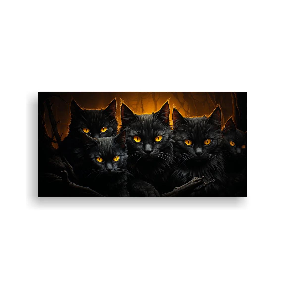 Cuadro cinco gatos negros de ojos amarillos