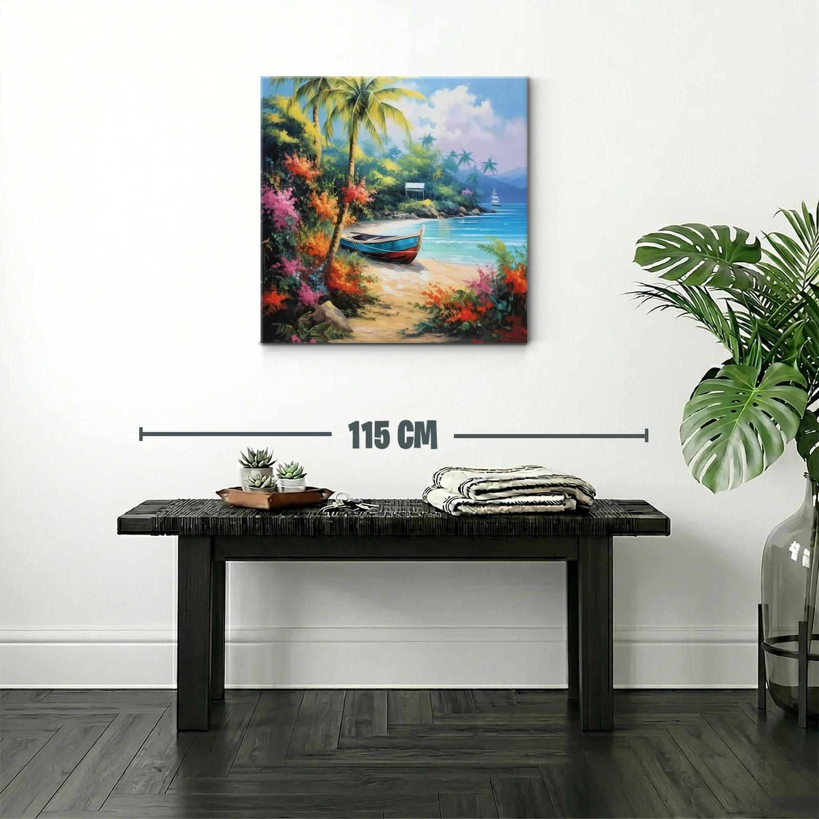 Paisaje tropical con barca en playa paradisíaca y flora vibrante — miniatura 2