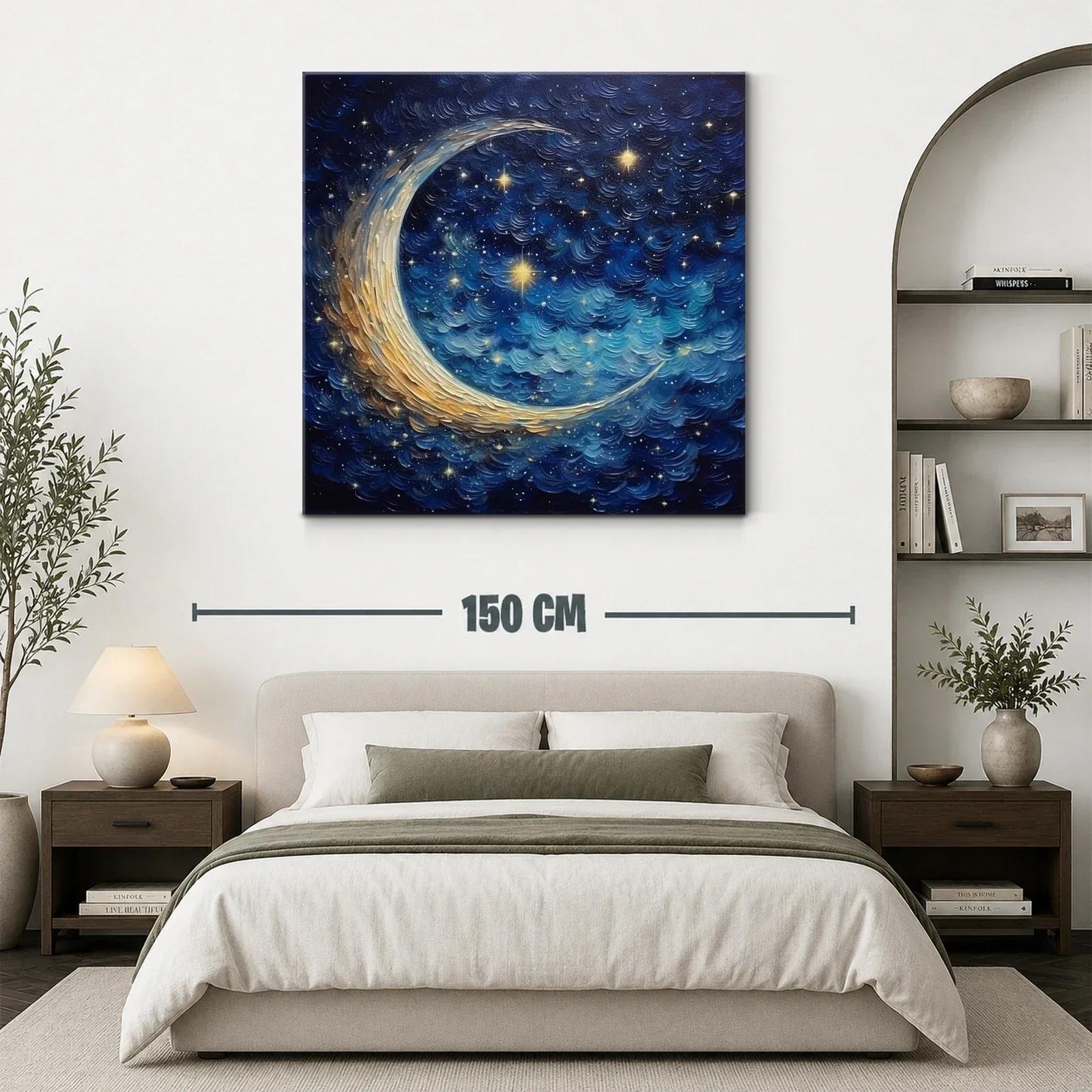 Cielo estrellado con luna creciente en tonos azul y dorado — miniatura 3