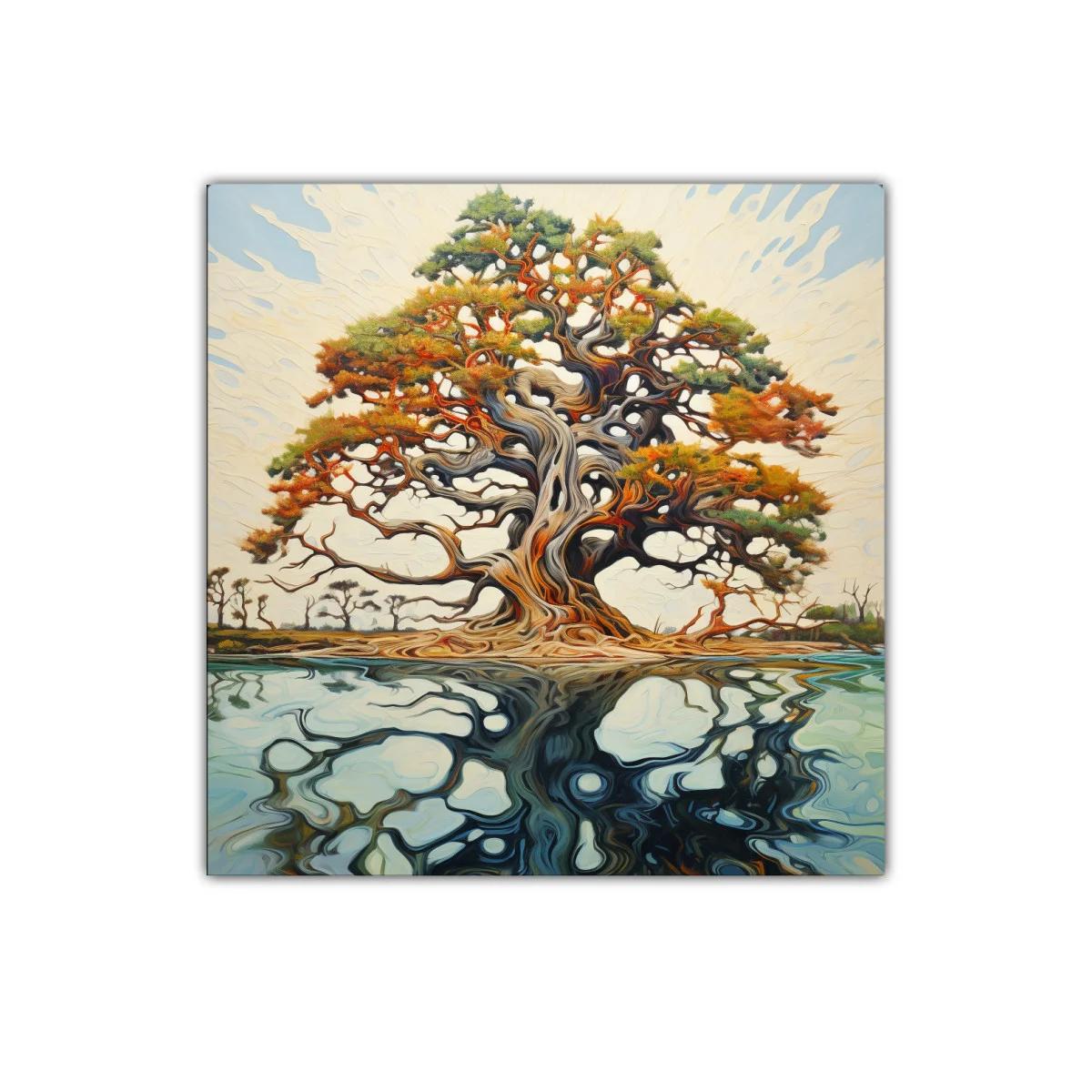 Árbol místico con reflejo en agua serena y colores cálidos — imagen principal