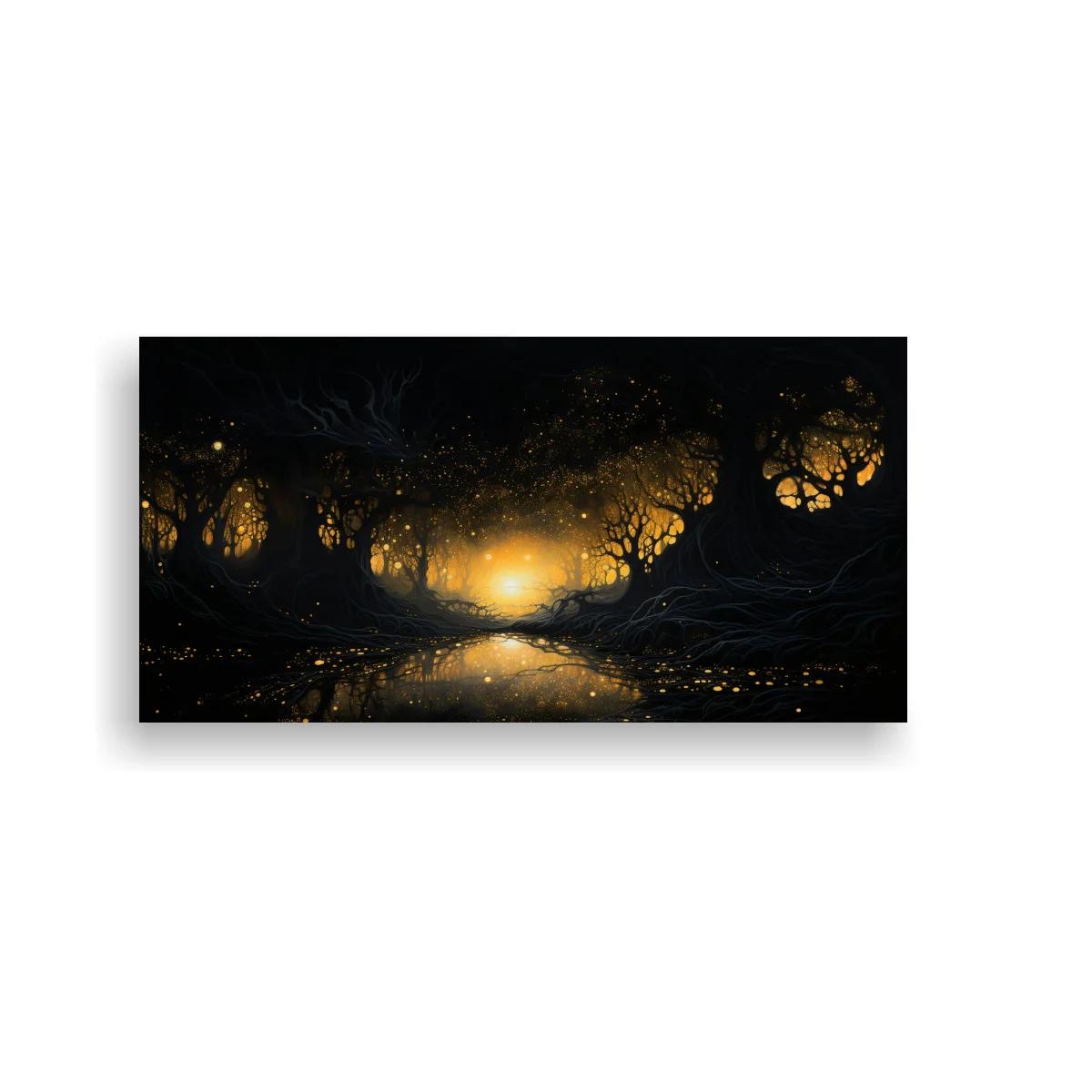 Cuadro bosque oscuro con estanque iluminado