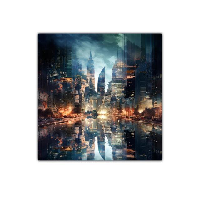 Ciudad futurista reflejada en agua con luces doradas y azules