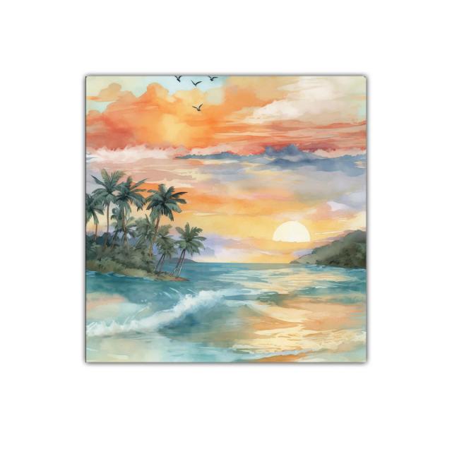 Atardecer tropical con palmeras y mar en calma