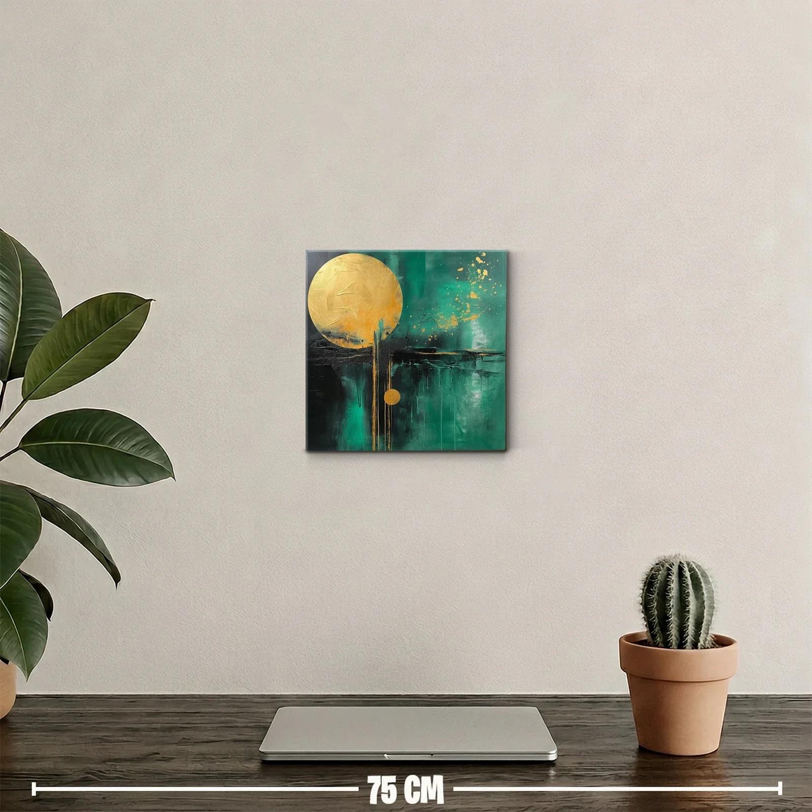 Cuadro abstracto con círculos dorados y fondo verde intenso — miniatura 2