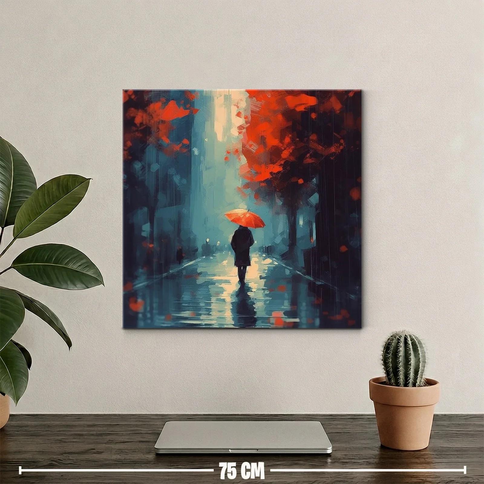 Caminante bajo paraguas rojo en noche lluviosa — miniatura 2