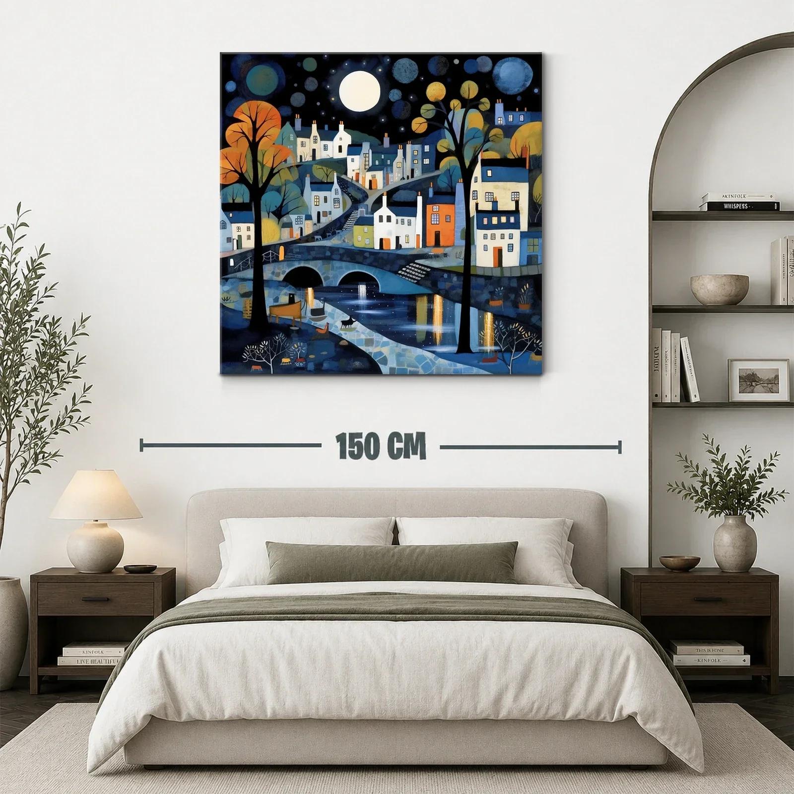 Paisaje nocturno de pueblo con luna llena y reflejos brillantes — miniatura 3