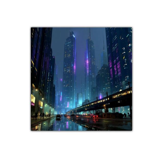 Ciudad nocturna futurista con luces de neón y reflejos urbanos