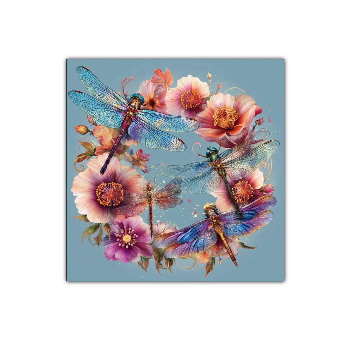 Cuadro decorativo de libélulas sobre flores delicadas — imagen principal