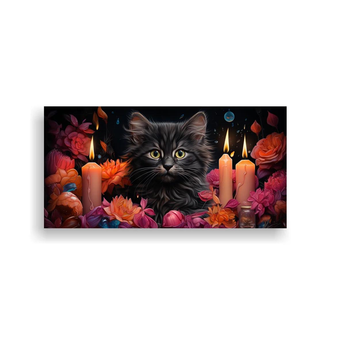 Cuadro gato gris de pelo largo con velas y pétalos sueltos