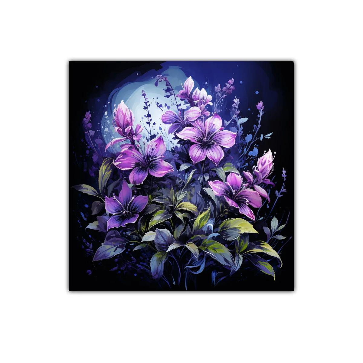 Cuadro floral con lirios violetas en fondo oscuro y luz mágica — imagen principal