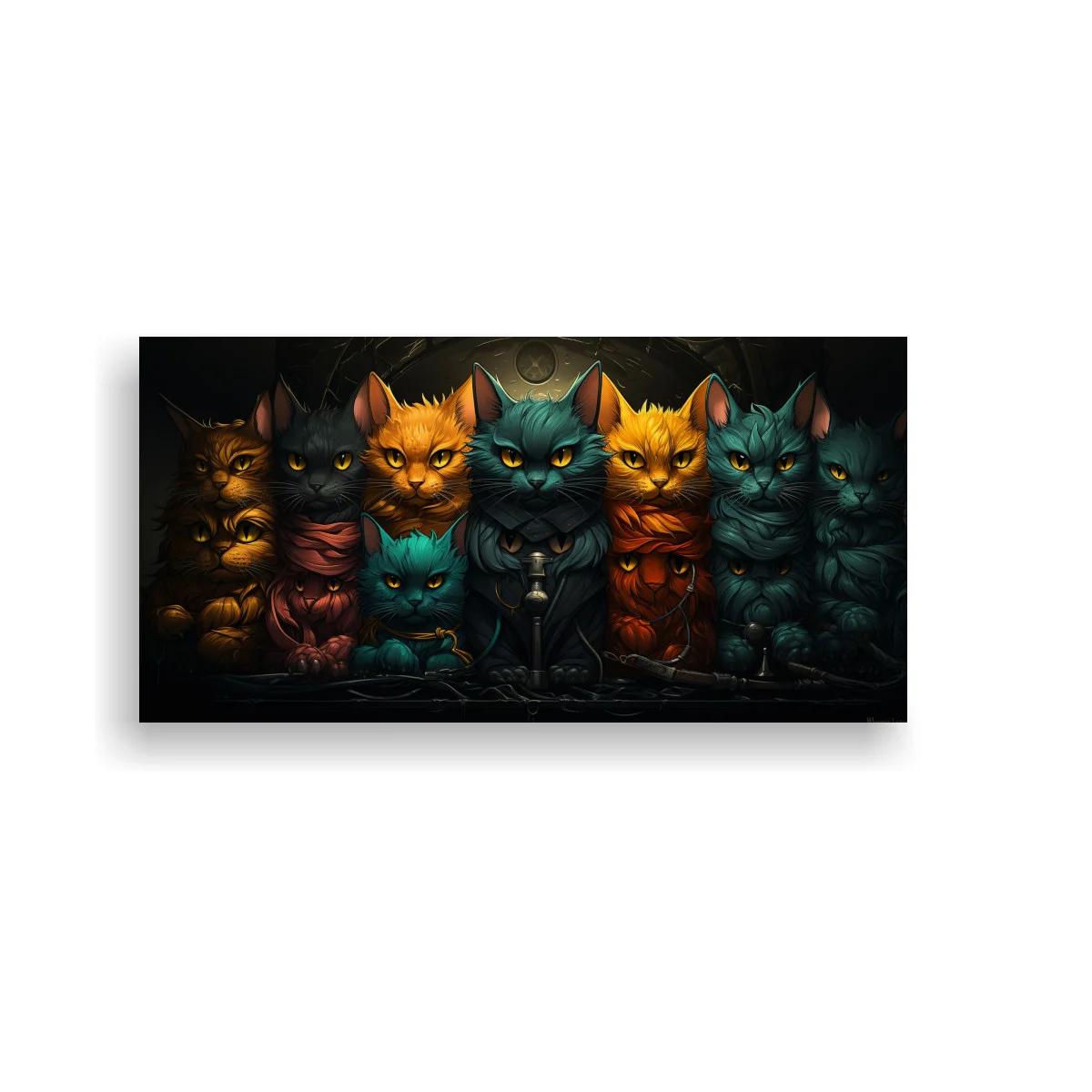 Cuadro grupo de gatos con collares y fondo oscuro