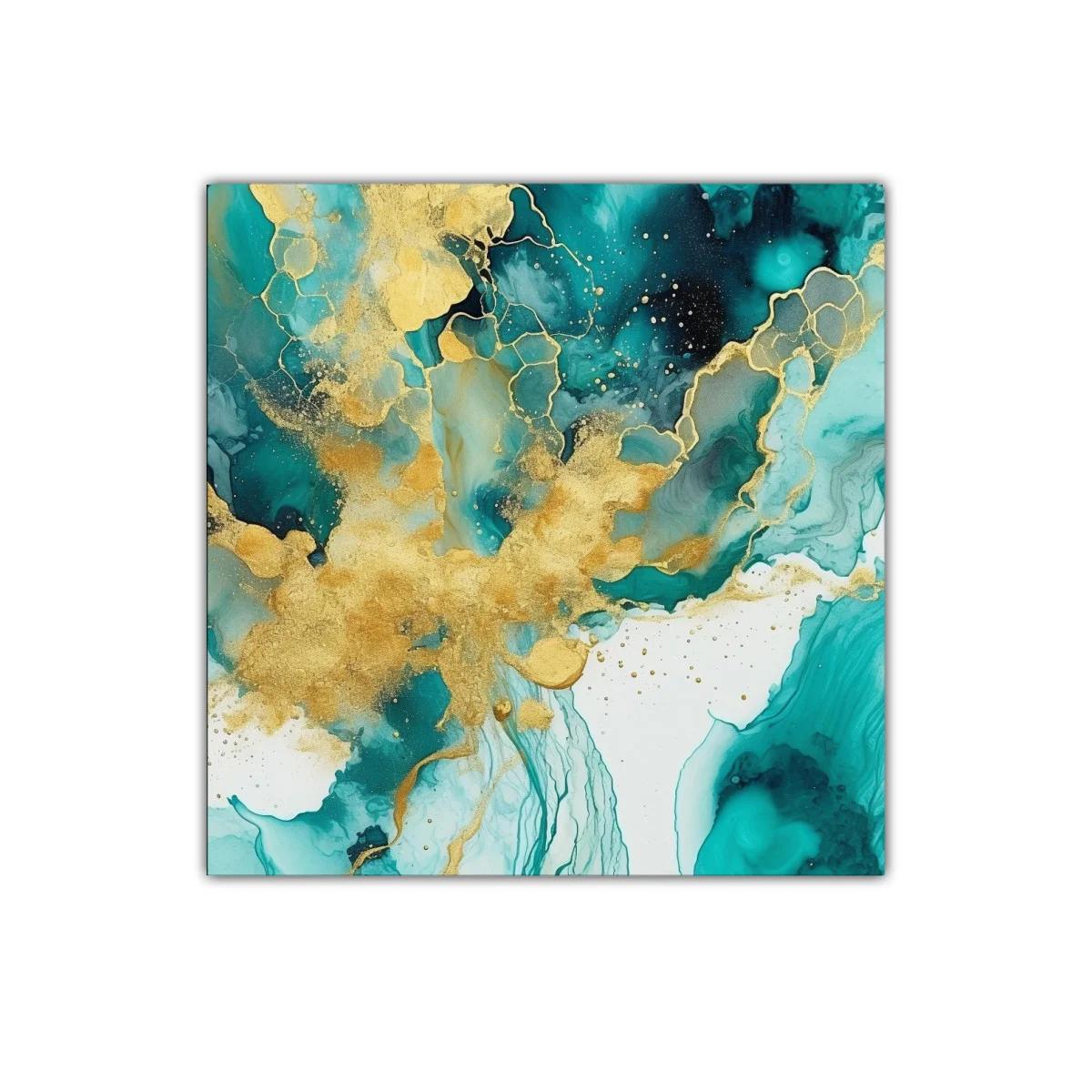 Cuadro decorativo abstracto en tonos turquesa y dorado