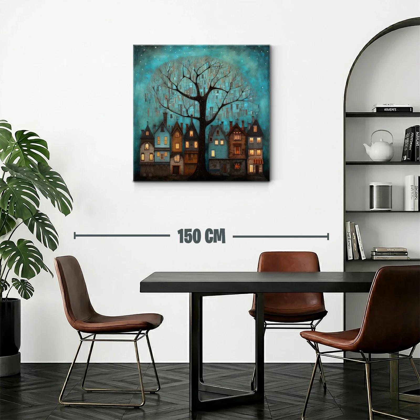 Encantador paisaje nocturno con casas y árbol iluminado — miniatura 2