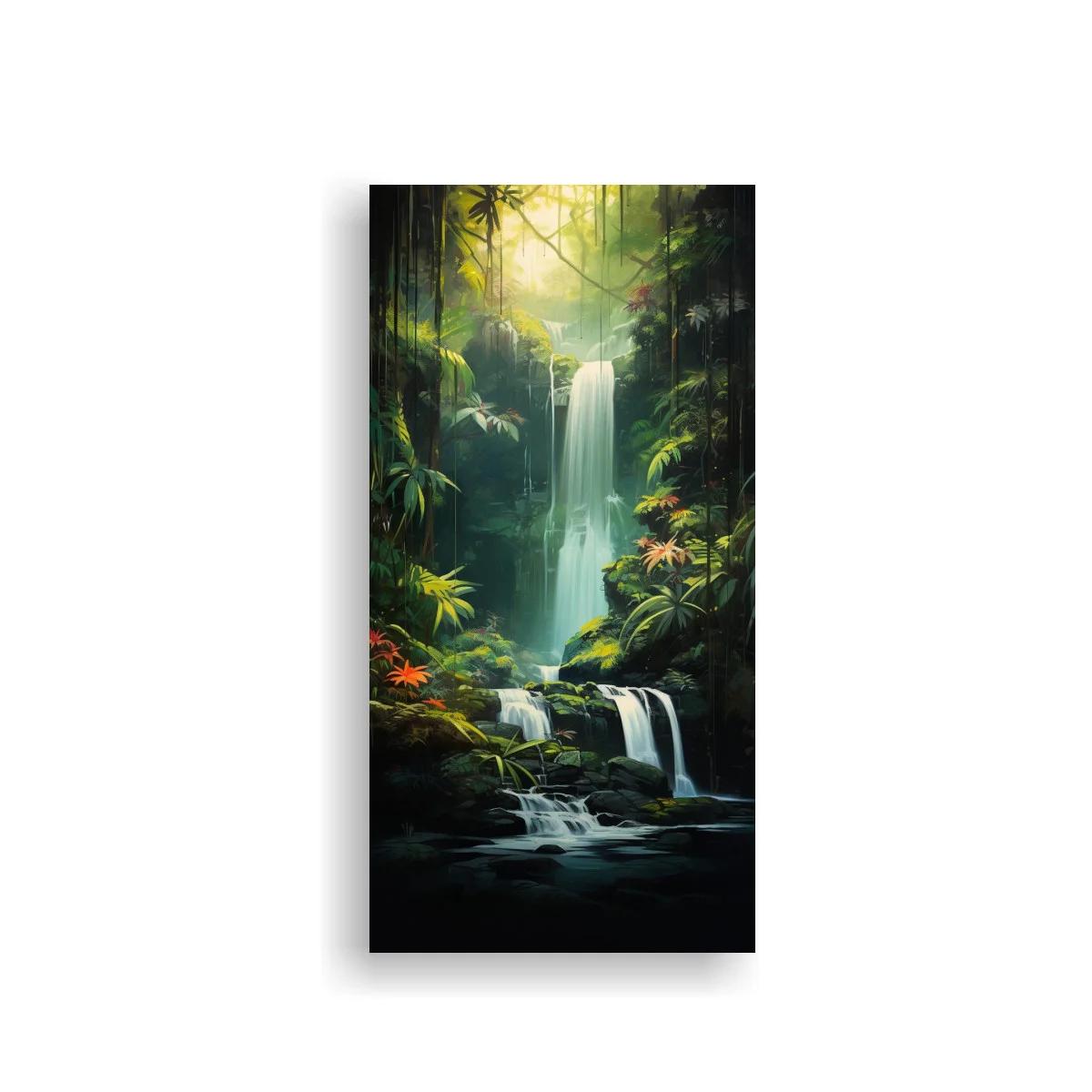 Cuadro cascada en la selva con arroyo oscuro y luz filtrada