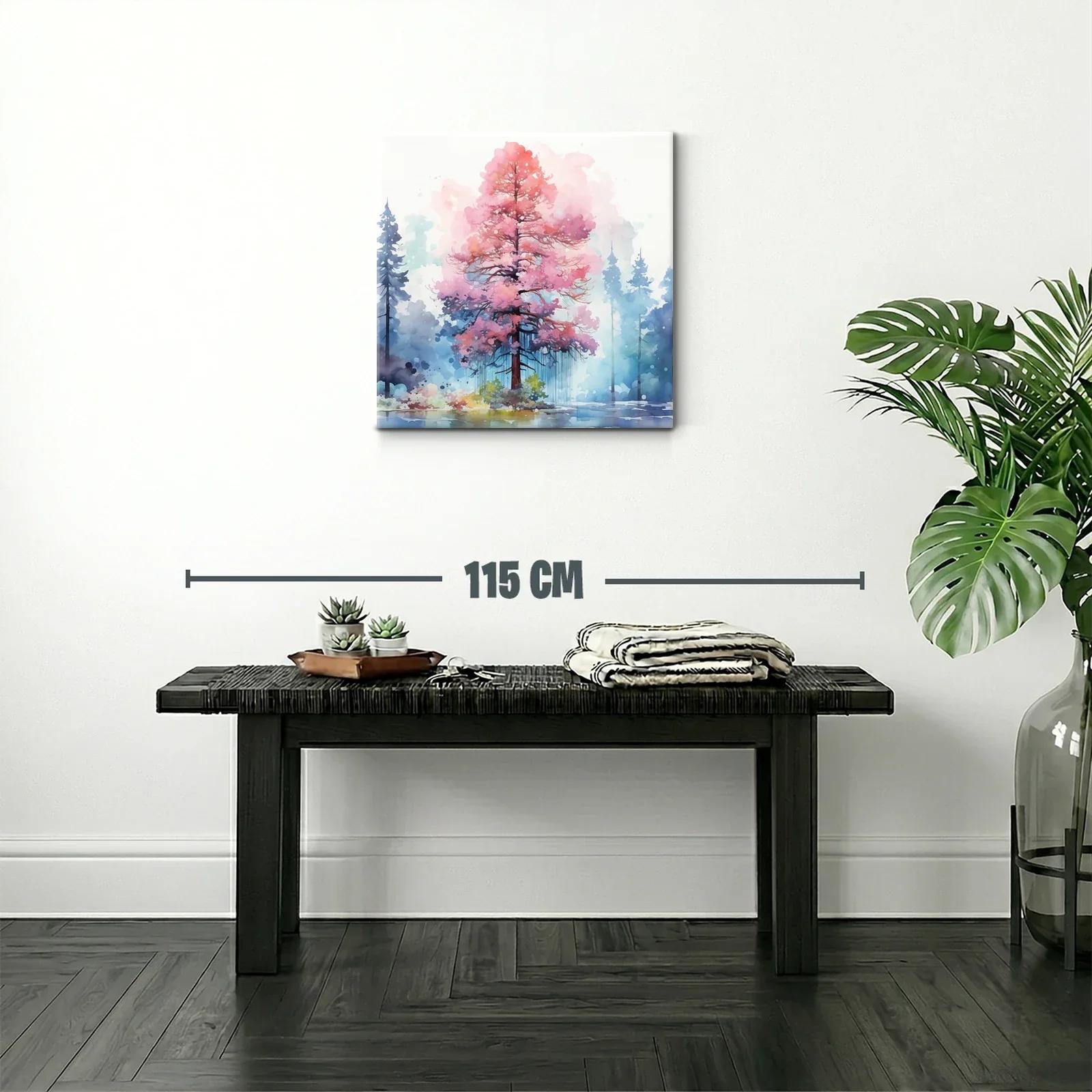 Árbol en tonos rosas vibrantes con fondo de bosque azul — miniatura 2
