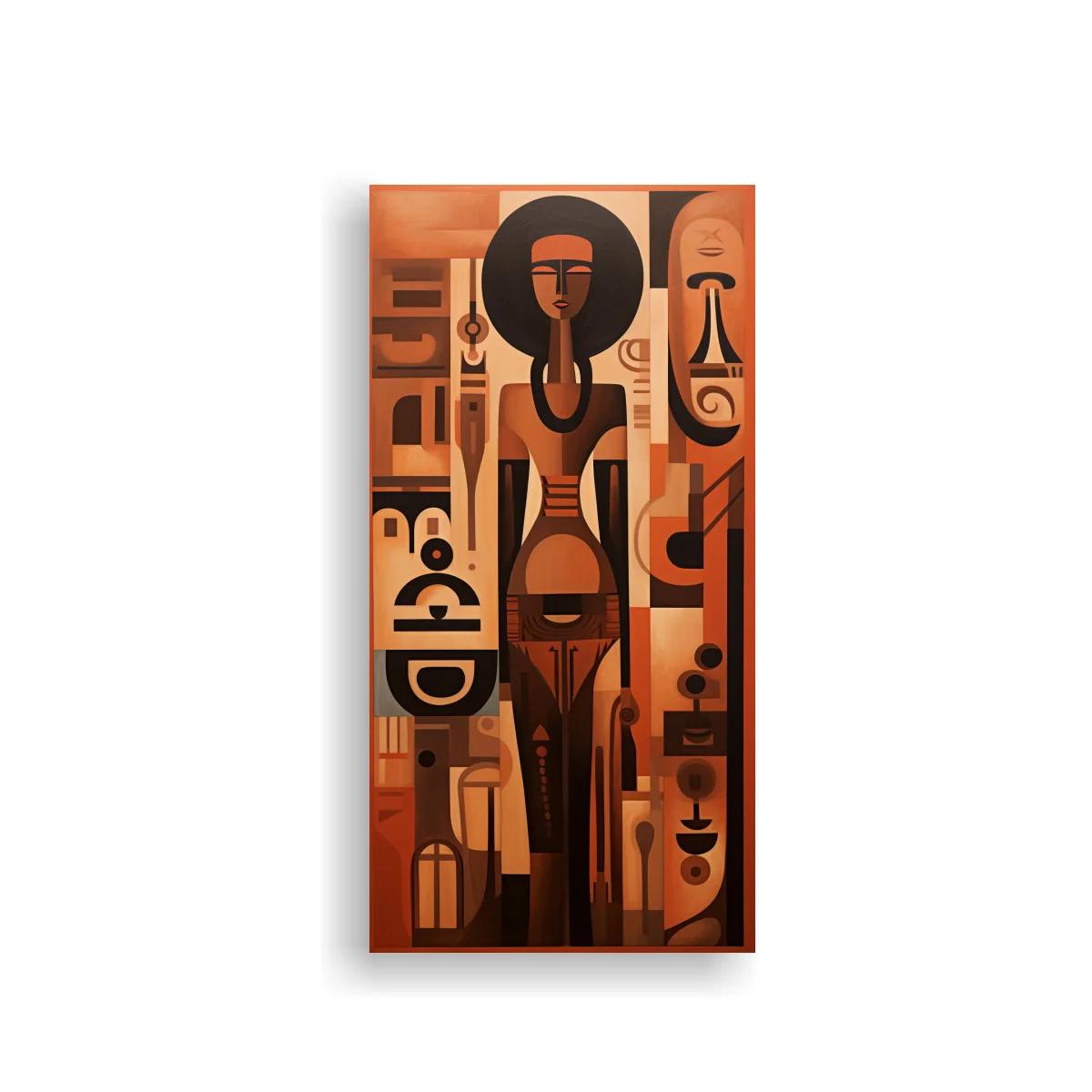 Cuadro figura femenina africana con tocado redondo y símbolos tribales