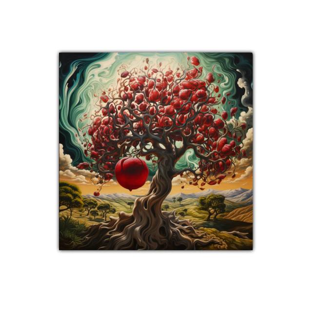 Árbol de granadas con paisaje onírico y cielos turbulentos