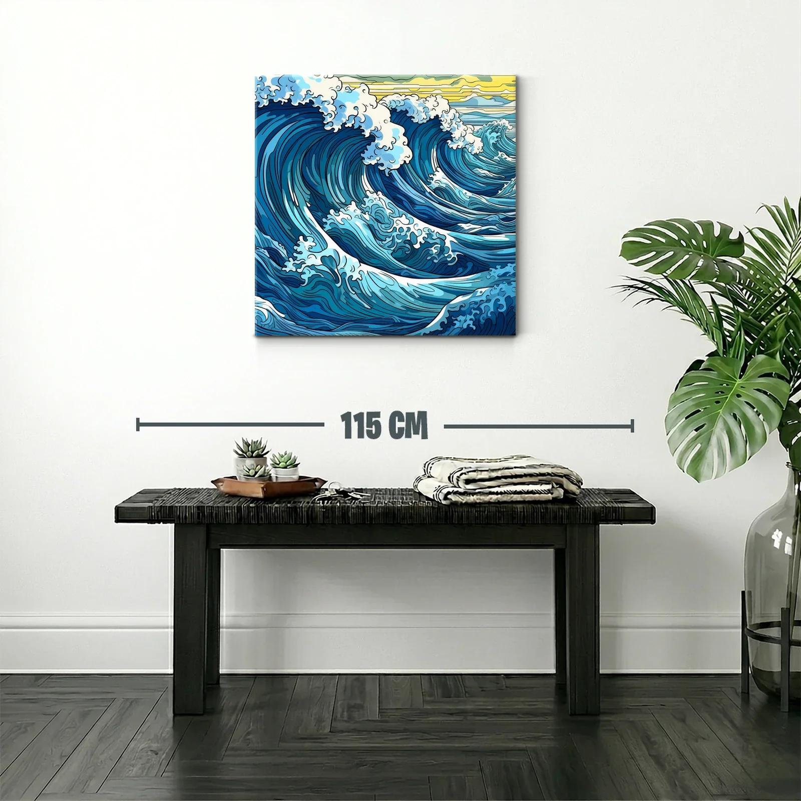 Vibrantes olas azules con espuma blanca y cielo amarillo — miniatura 2