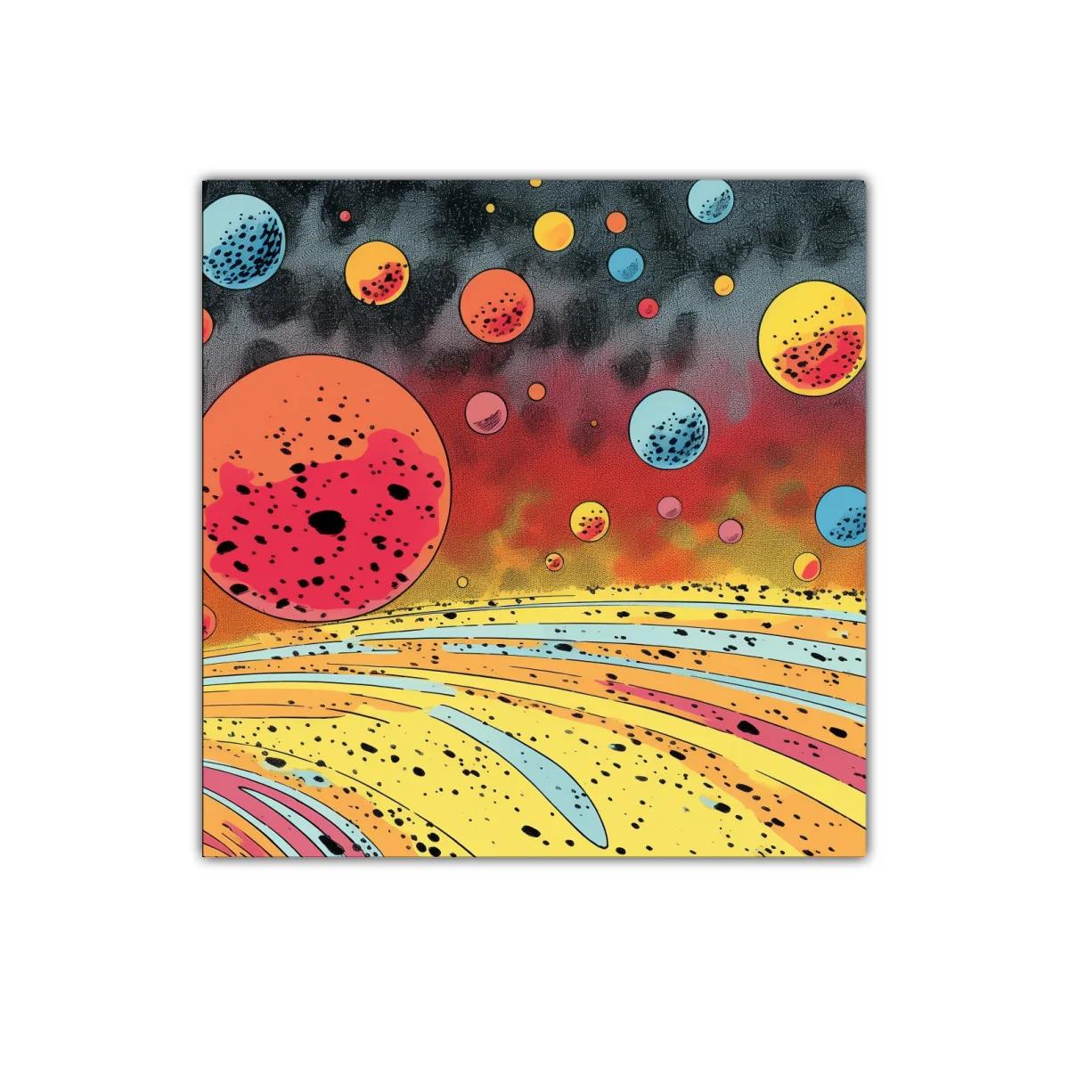 Cuadro abstracto con planetas coloridos y fondo degradado — imagen principal