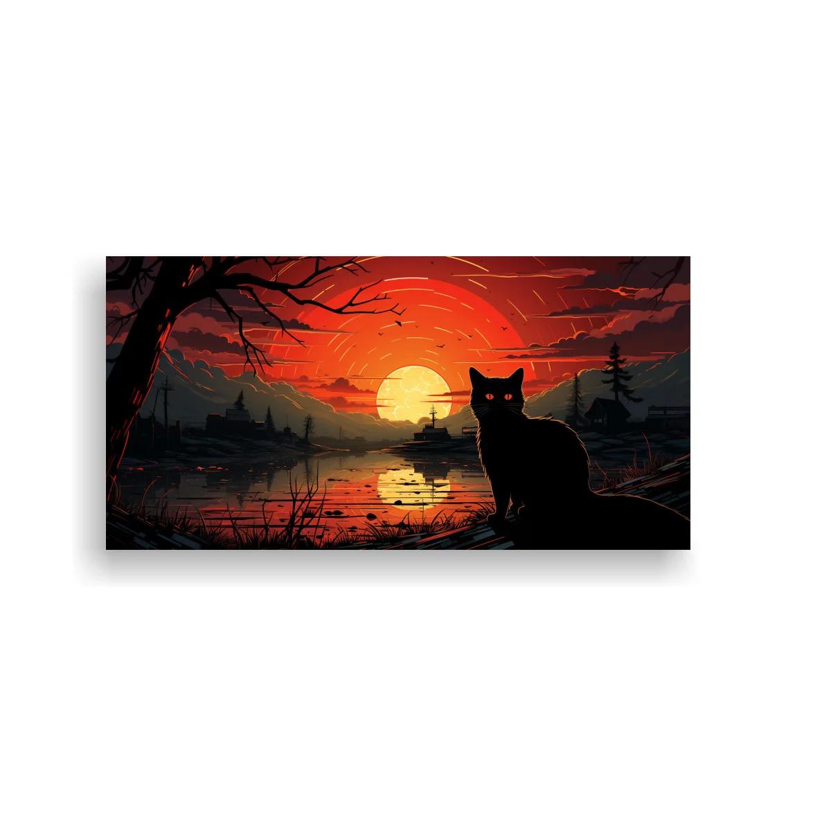 Cuadro gato negro ante luna grande sobre el agua