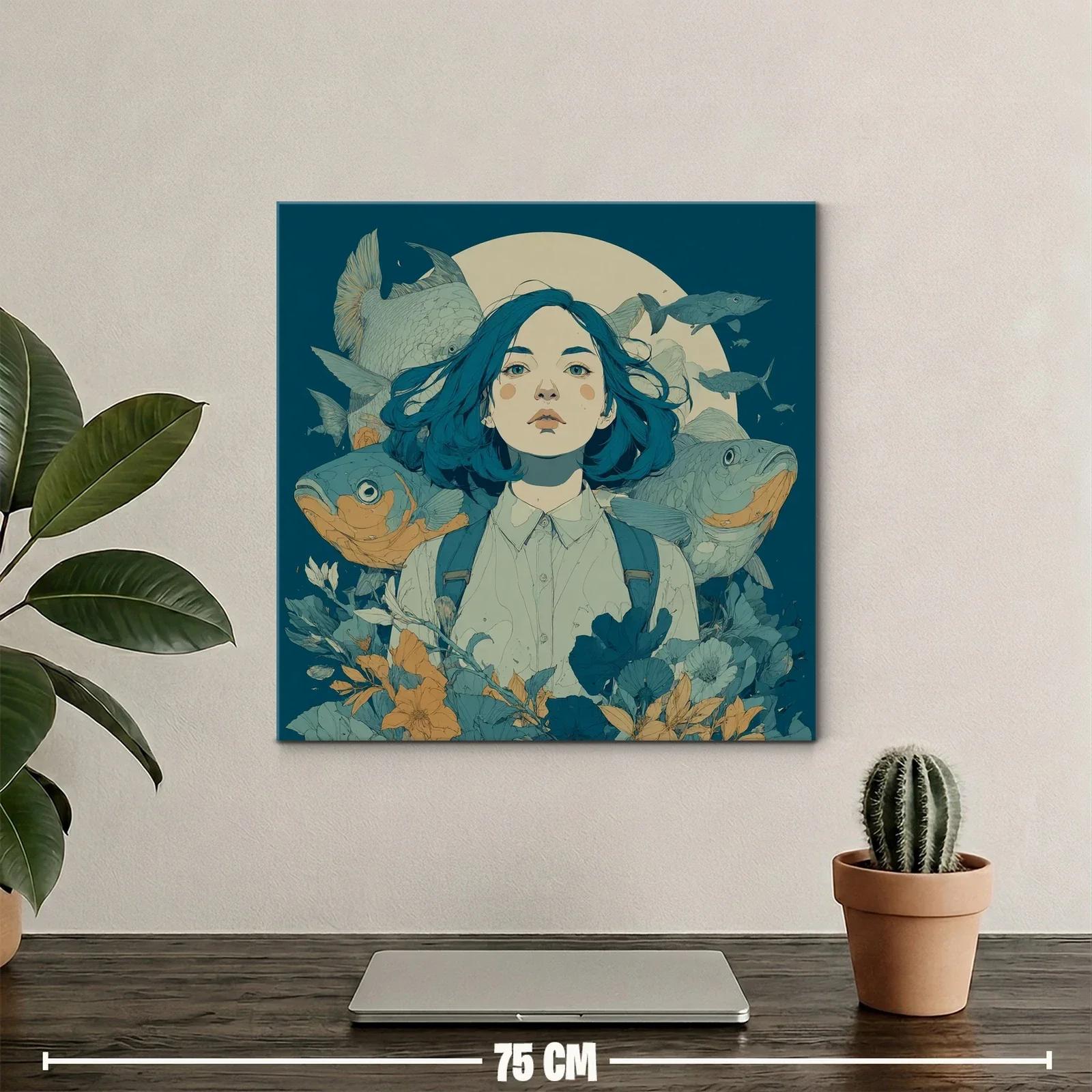 Retrato femenino con peces y flores en tonos azulados — miniatura 2