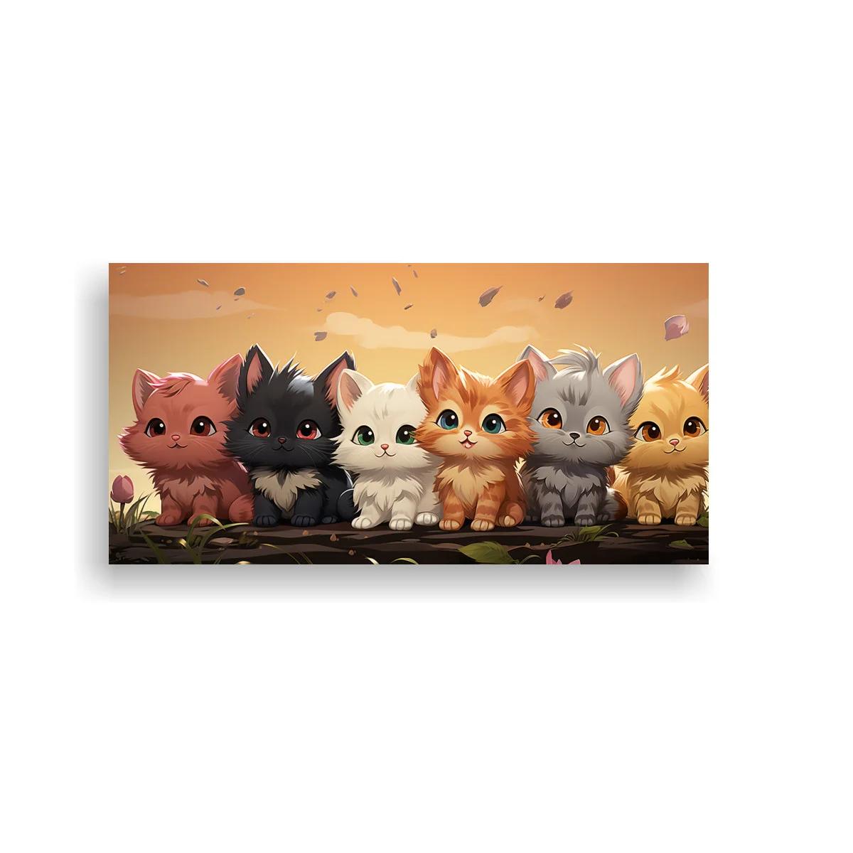 Cuadro cinco gatitos con paisaje natural y cielo cálido