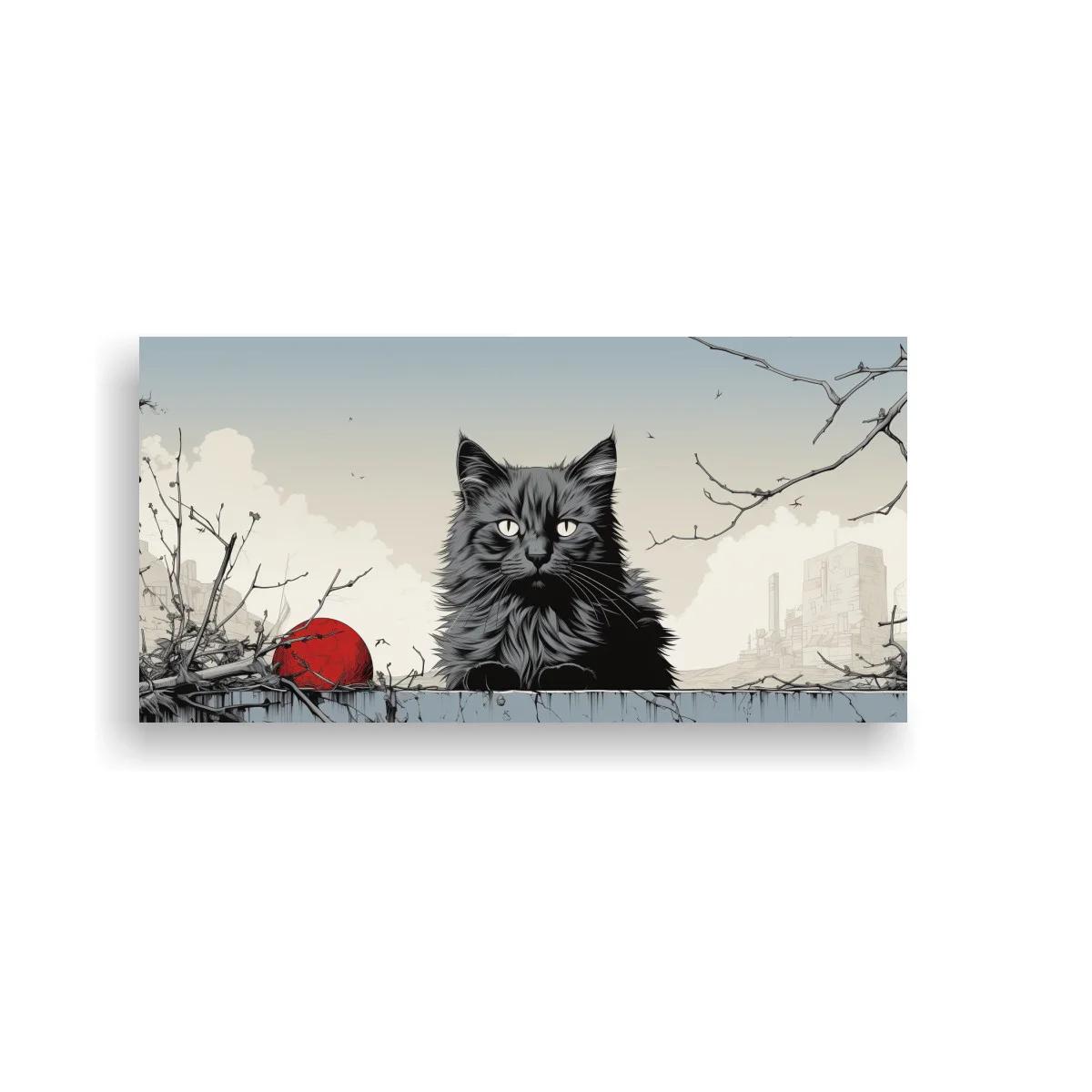 Cuadro gato negro de pelo largo con sol rojo y ramas finas — imagen principal