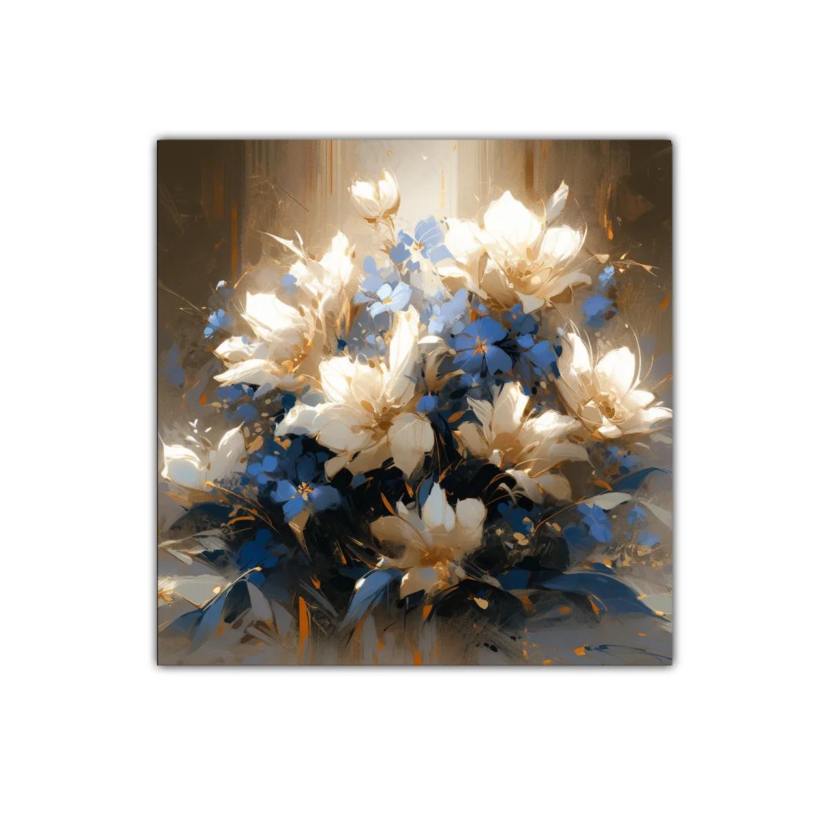 Ramo de flores luminosas en tonos azul y dorado
