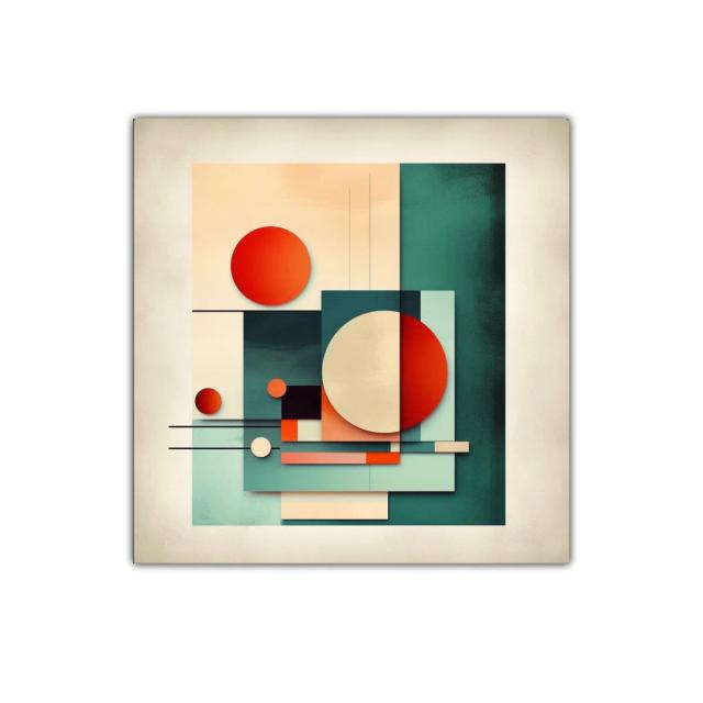 Composición geométrica con círculos rojos y tonos verdes