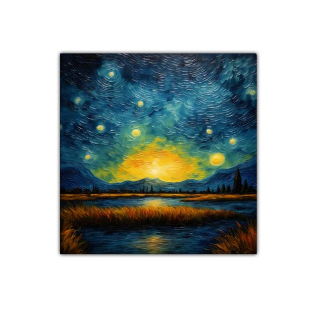 Paisaje nocturno con cielo estrellado y lago reflejante