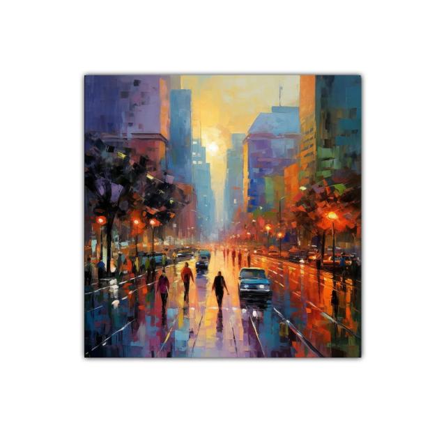 Atardecer urbano con reflejos y luces brillantes