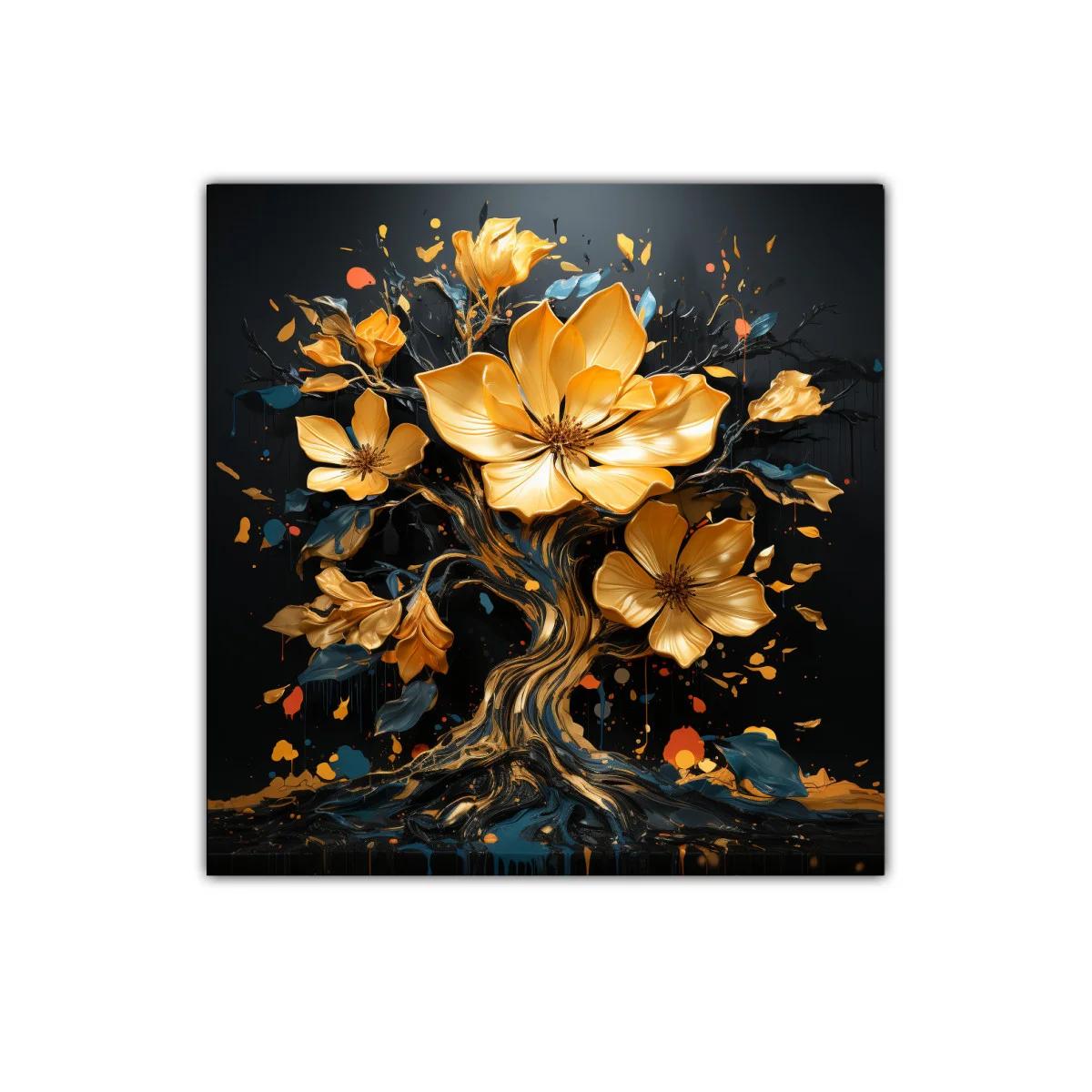 Flores doradas en árbol artístico con fondo oscuro — imagen principal