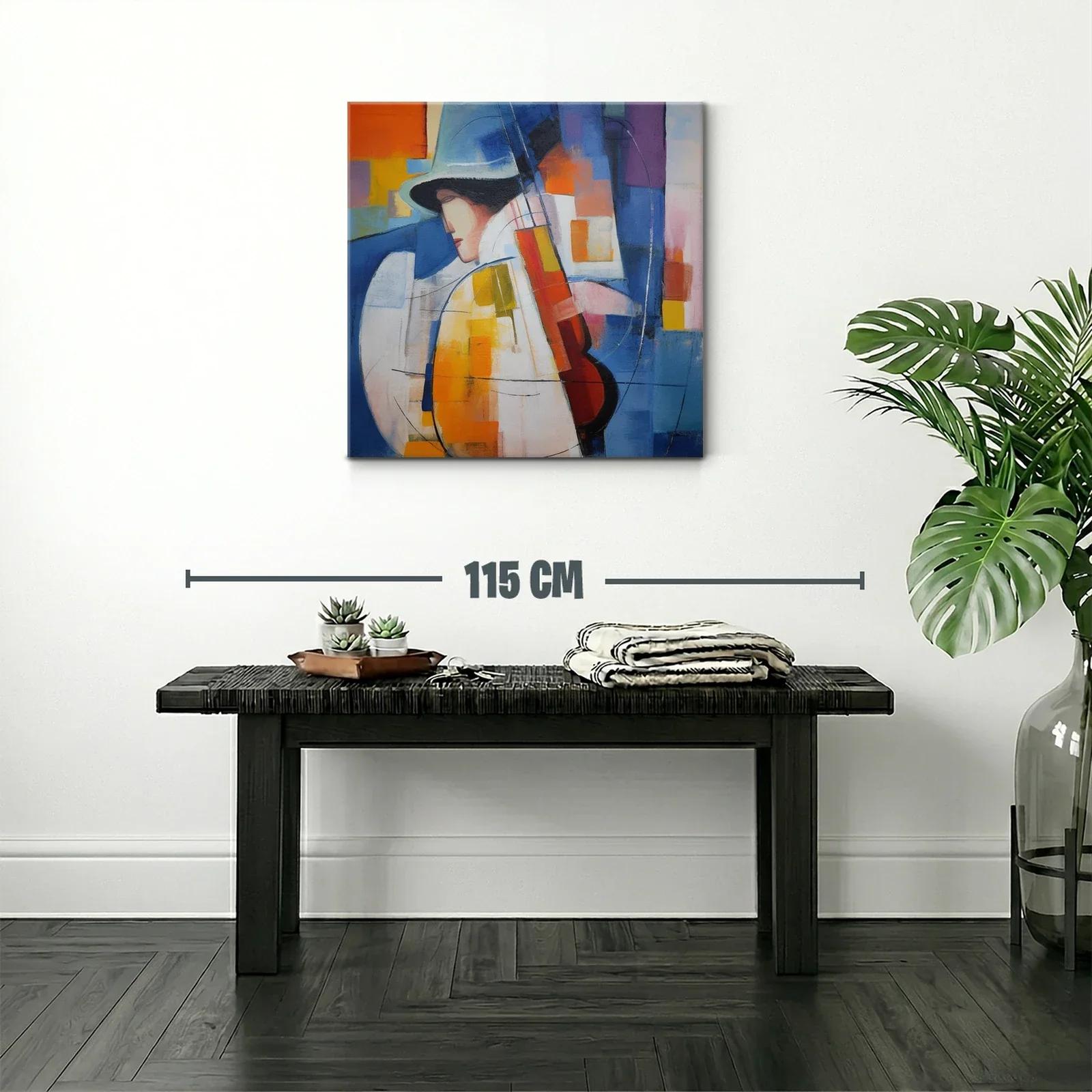 Cuadro abstracto con músico y paleta vibrante azul y naranja — miniatura 2