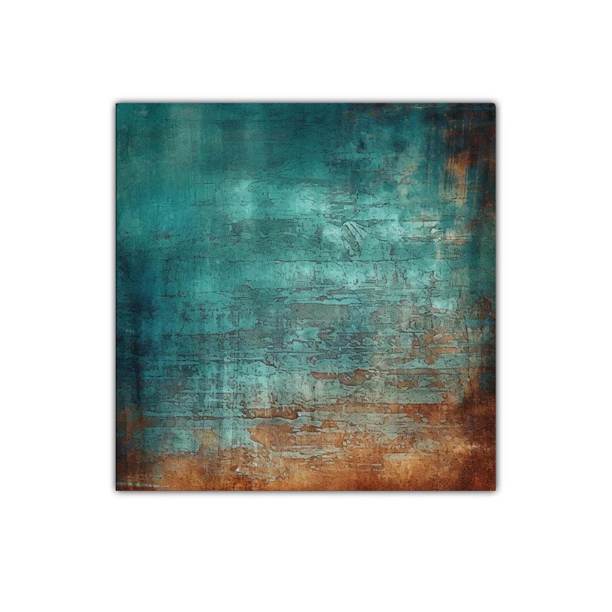 Cuadro abstracto con textura en tonos turquesa y oxidados