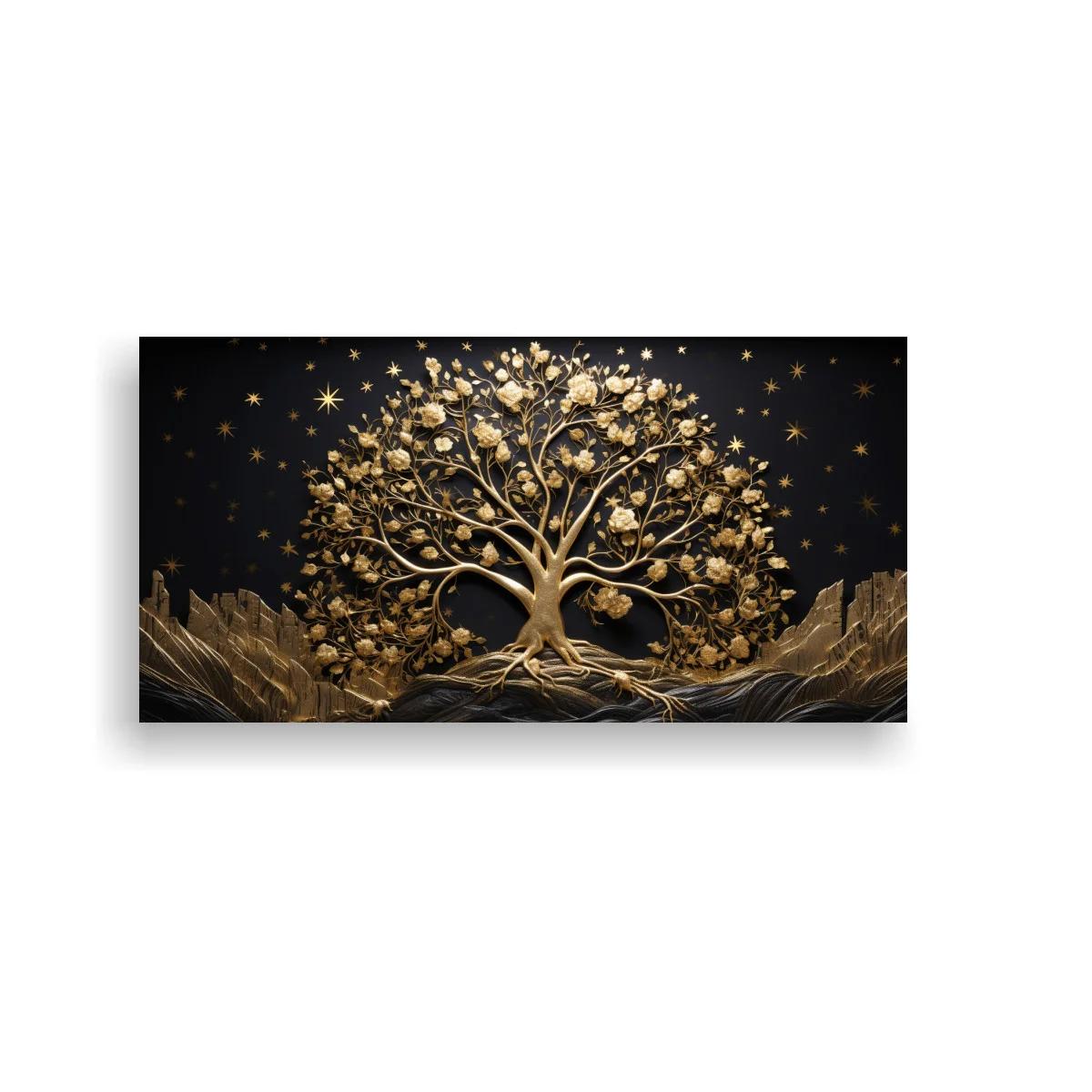 Cuadro árbol de la vida dorado con montañas y cielo estrellado