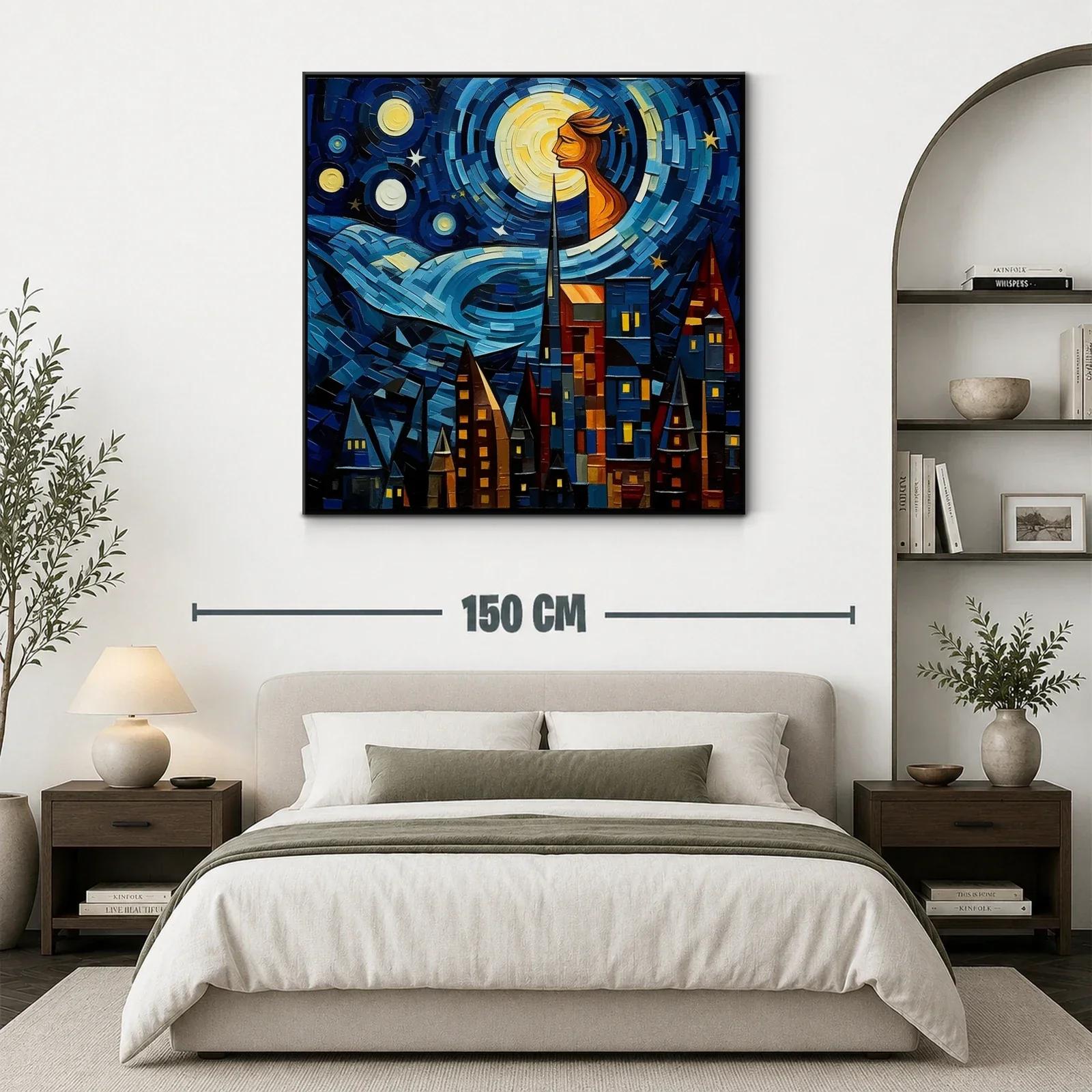Paisaje urbano bajo un cielo estrellado con figura luminosa — miniatura 3