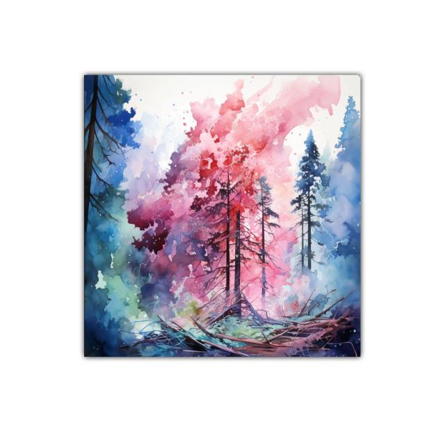 Paisaje abstracto con árboles en tonos vibrantes y contrastes