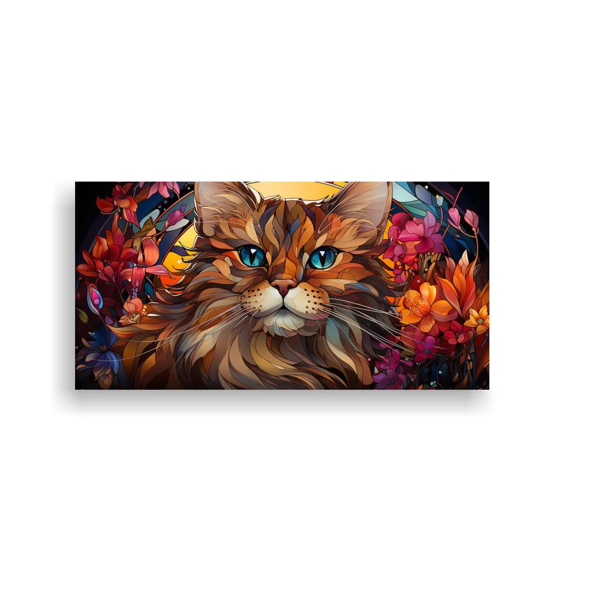 Cuadro gato de pelo largo con flores y follaje