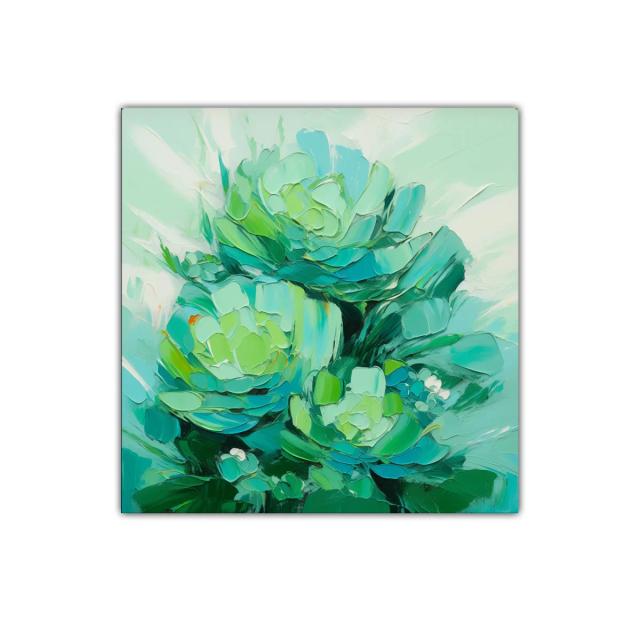 Cuadro abstracto con flores en tonos verdes y azules