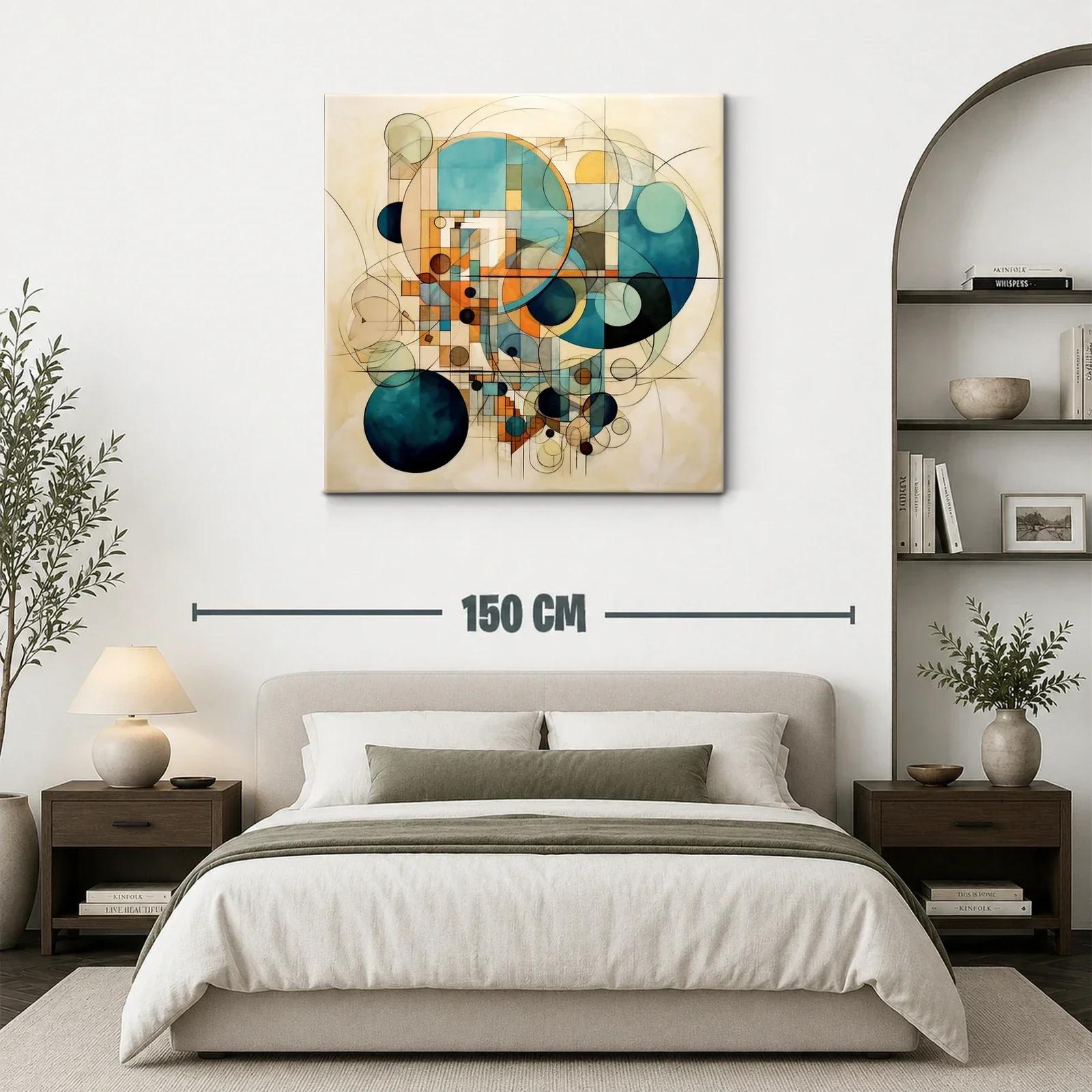 Cuadro abstracto de círculos geométricos en tonos azules y ocres — miniatura 3