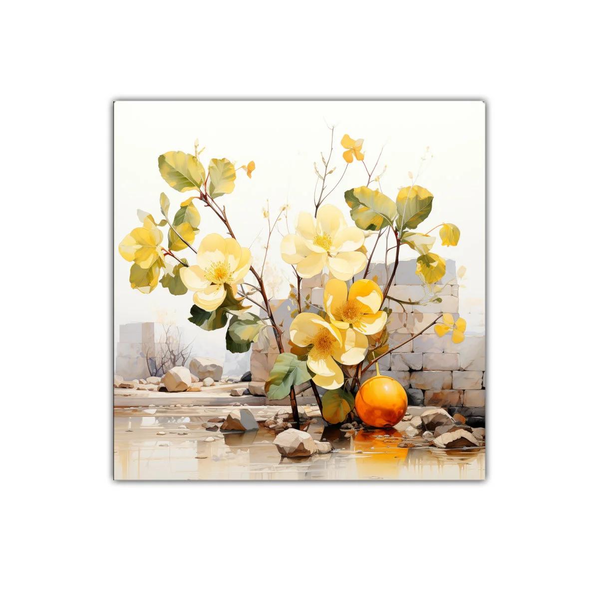 Cuadro decorativo de flores amarillas con fondo de ruinas
