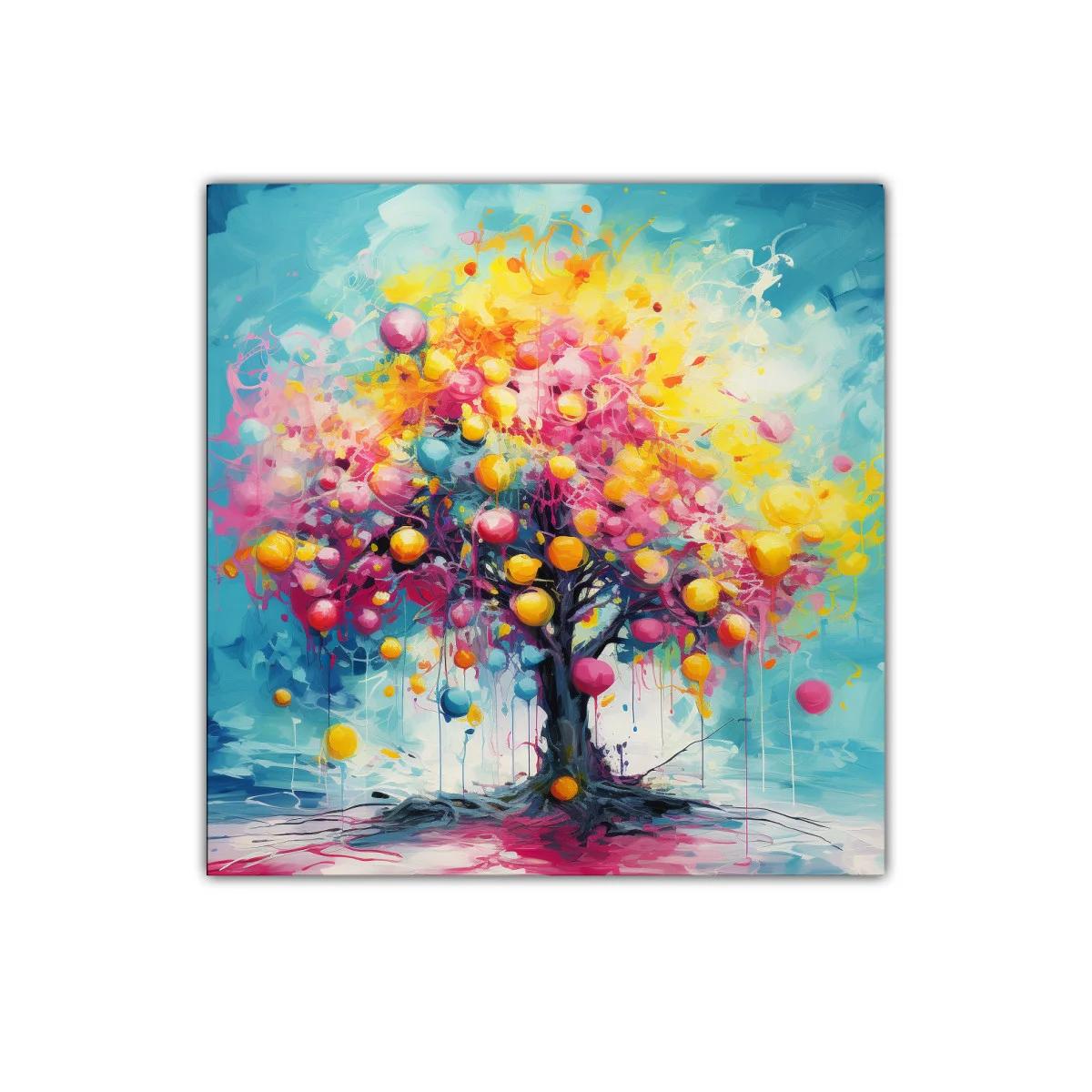 Cuadro colorido de árbol con esferas vibrantes y energía dinámica