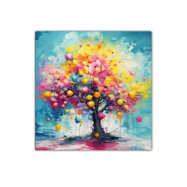 Cuadro colorido de árbol con esferas vibrantes y energía dinámica