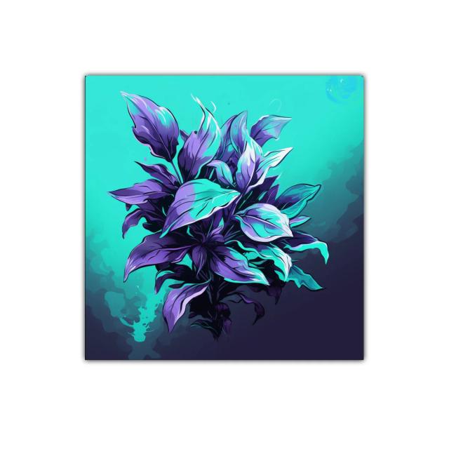 Cuadro decorativo con hojas moradas y turquesas vibrantes