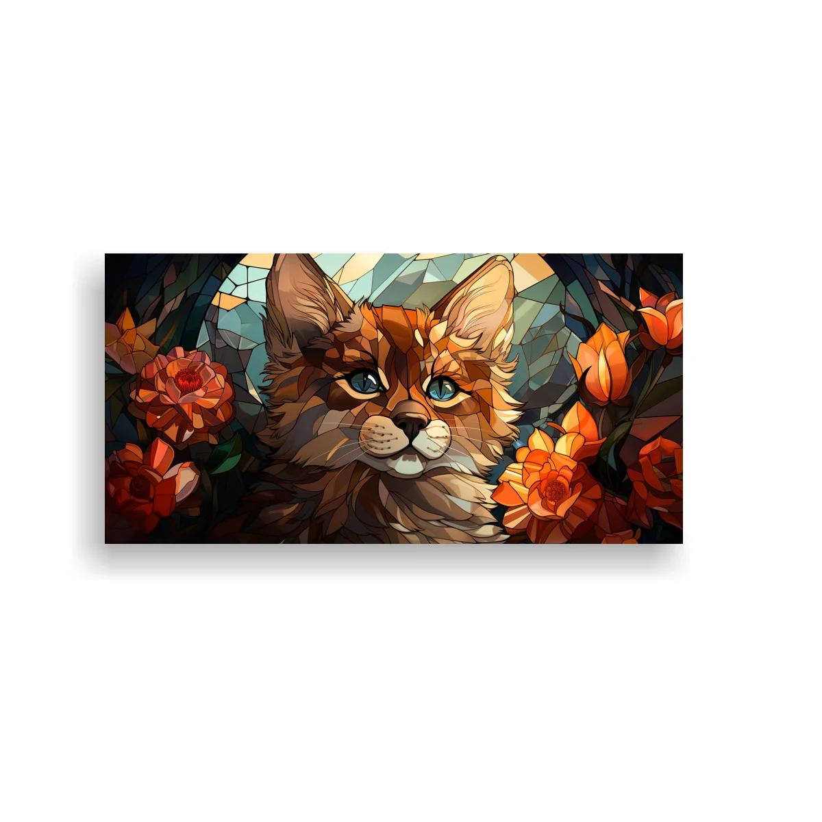 Cuadro gato naranja de ojos azules con flores y follaje oscuro