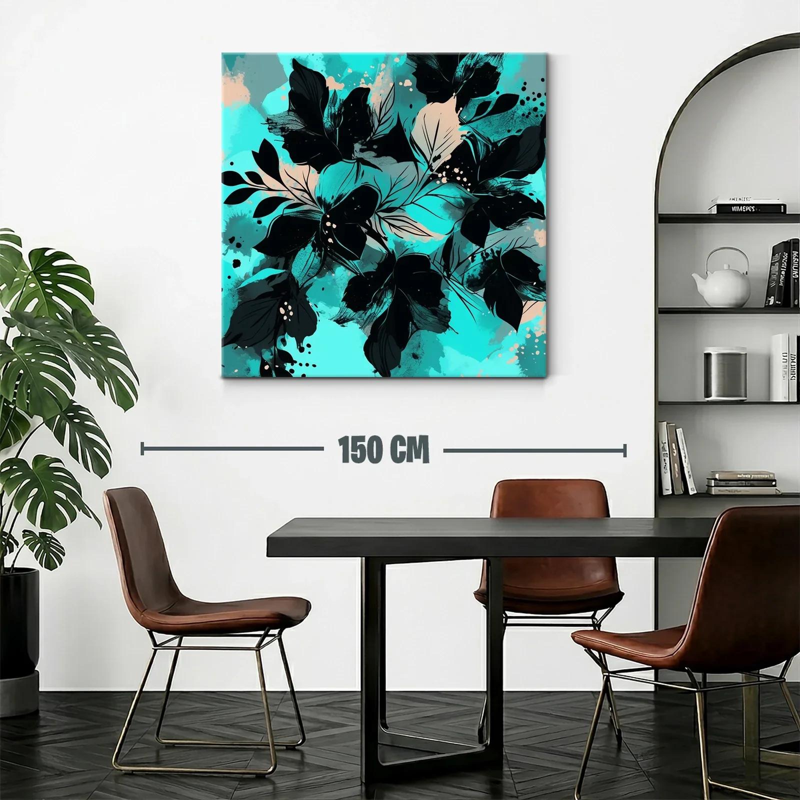 Cuadro moderno con motivos florales en tonos turquesa y negro — miniatura 2