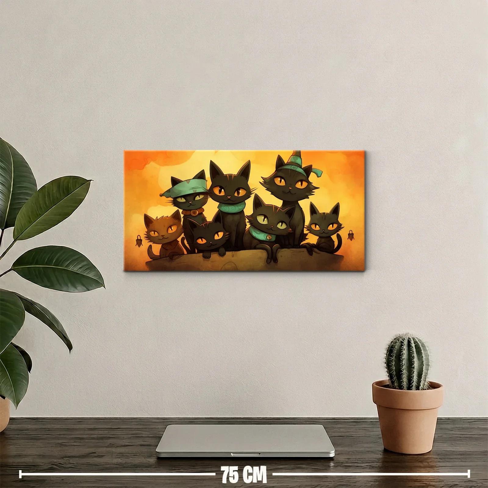 Cuadro grupo de gatos negros con ojos ámbar y lazos verdes — miniatura 2